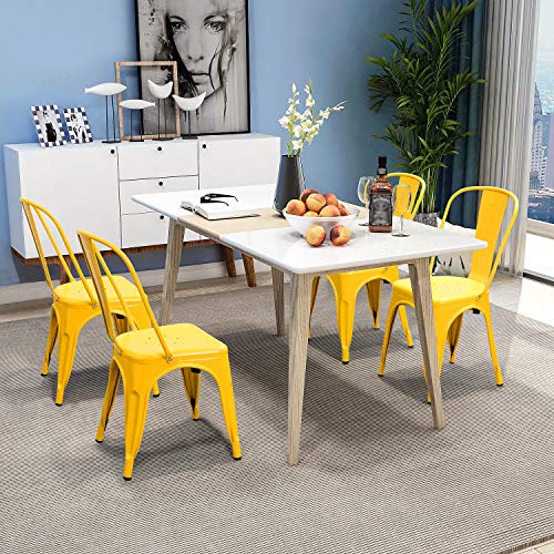 Image of Devoko Metal Indoor-Outdoor Chairs Distressed Style Kitchen Dining Chairs Stackable Side Chair with Back Set of 4 (Yellow)