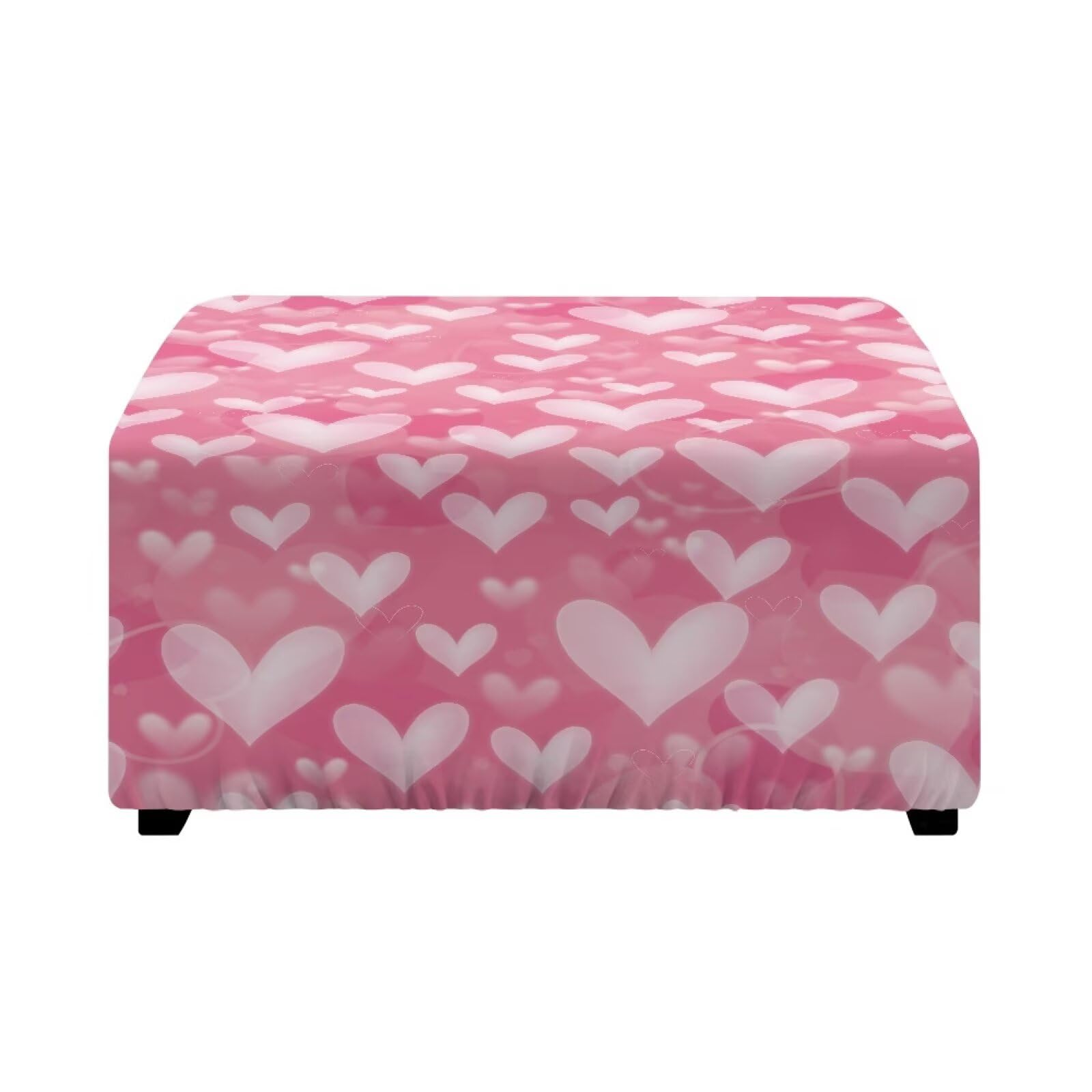Xoenoiee Ottoman Cover Square Storage Ottoman Slipcover for Valentine's Day Stretch Footrest Stool Covers with Elastic Bottom for Rectangle & Square Ottomans, Pink Hearts, Small