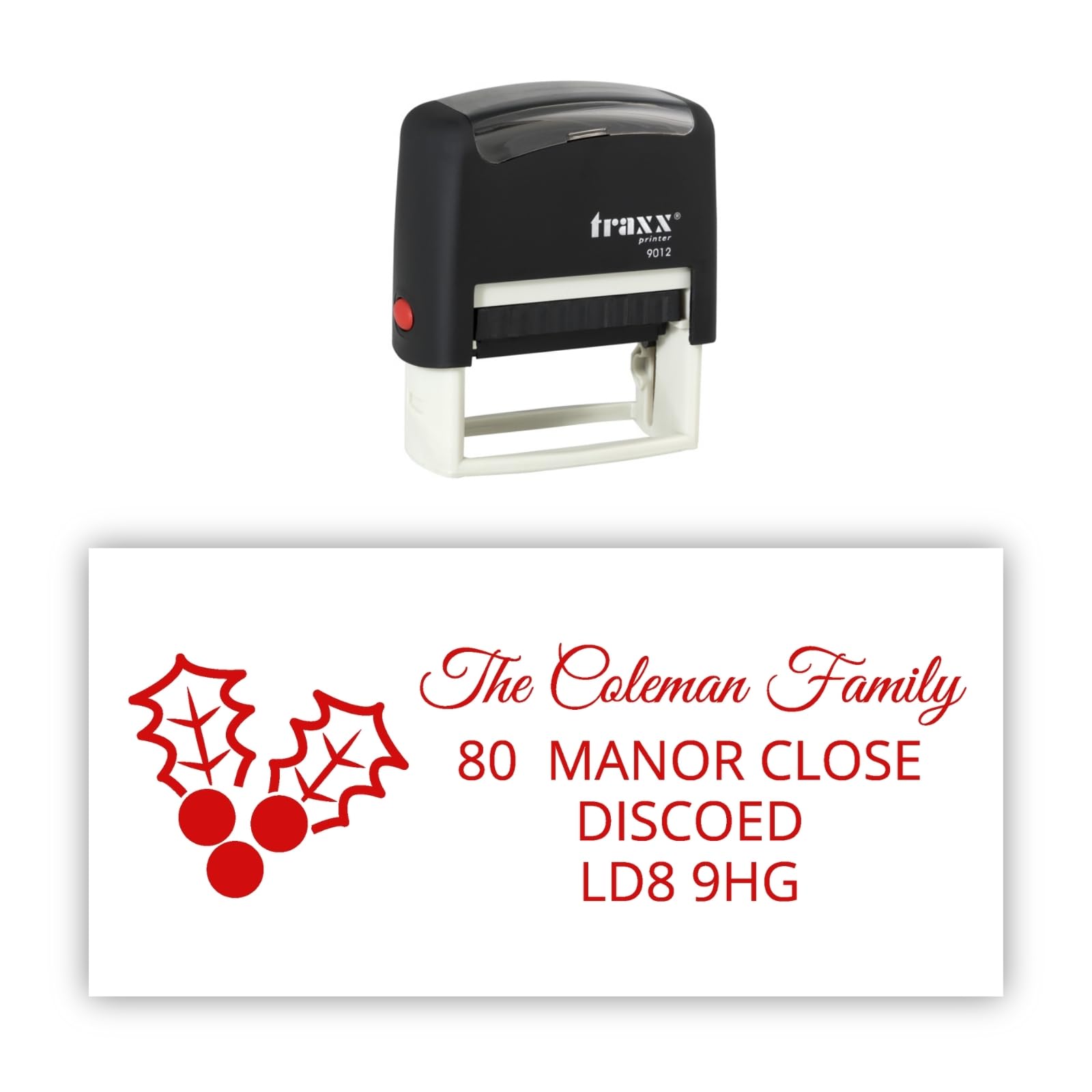Stamp Design 4U Red Traxx 9012 Personalised Christmas Self Inking Rubber Stamp - Holly With 4 Lines Of Custom Text In Ink
