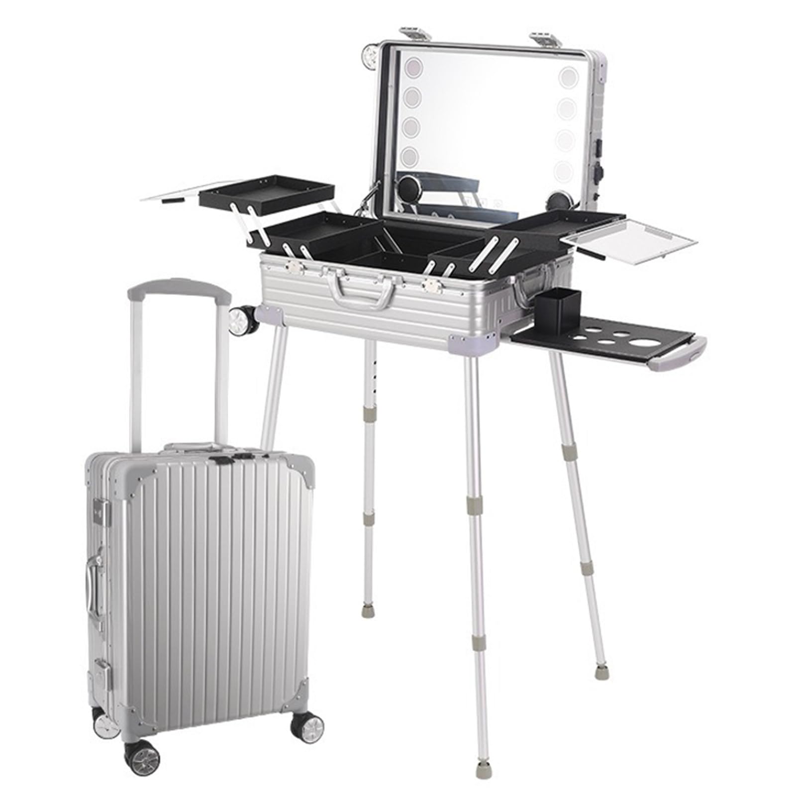Walizka na kosmetyki z funkcją Bluetooth, organizer do przechowywania kosmetyków z wyjmowaną tacką i regulowanymi nóżkami, profesjonalna walizka na kosmetyki,Silver-24-inch