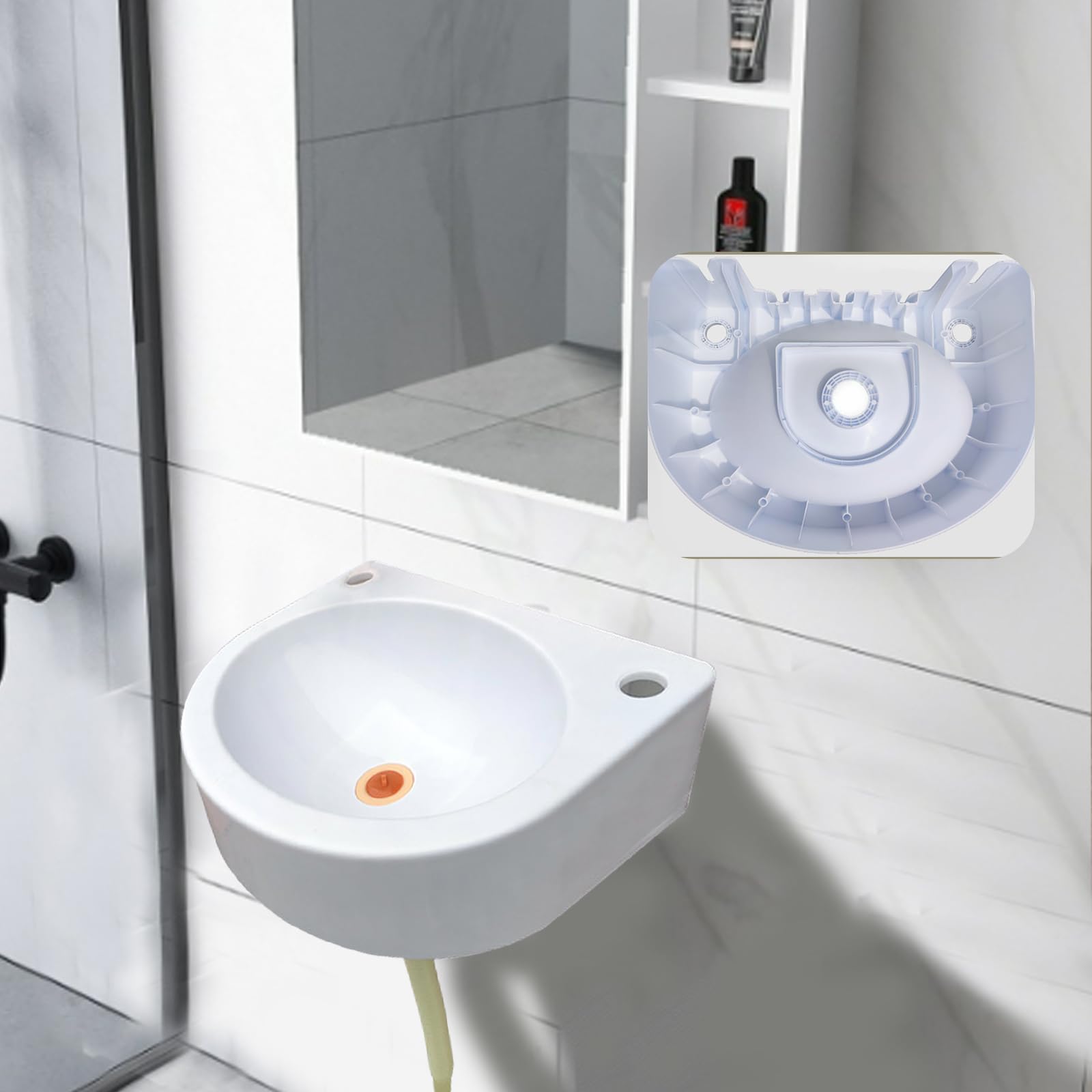 Lavello semicircolare, lavello di plastica con tubo di drenaggio, piccolo applicazione del lavello del bagno, uso interno ed esterno[Tubo di drenaggio della testa d'acciaio 75cm]
