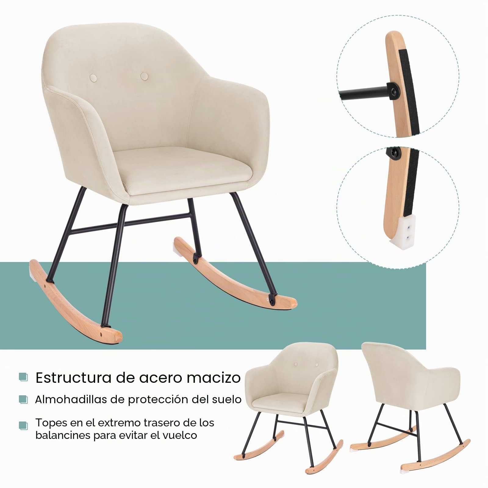 WOLTU Sillón Mecedora Lactancia Relax con Reposa Tapizado Reclinable Tejido de Terciopelo Pierna de Metal Madera Crema SKS16cm