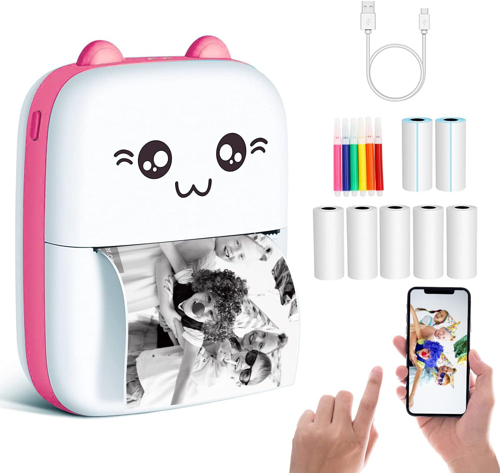 Mini Sticker Printer, Portable Thermal Printer with 7 Rolls Paper, Bluetooth Inkless Smart Printer Compatible with iOS & Android, Free Cut Small Pocket Printer for Notes, Pictures, Label, Memo (Pink)