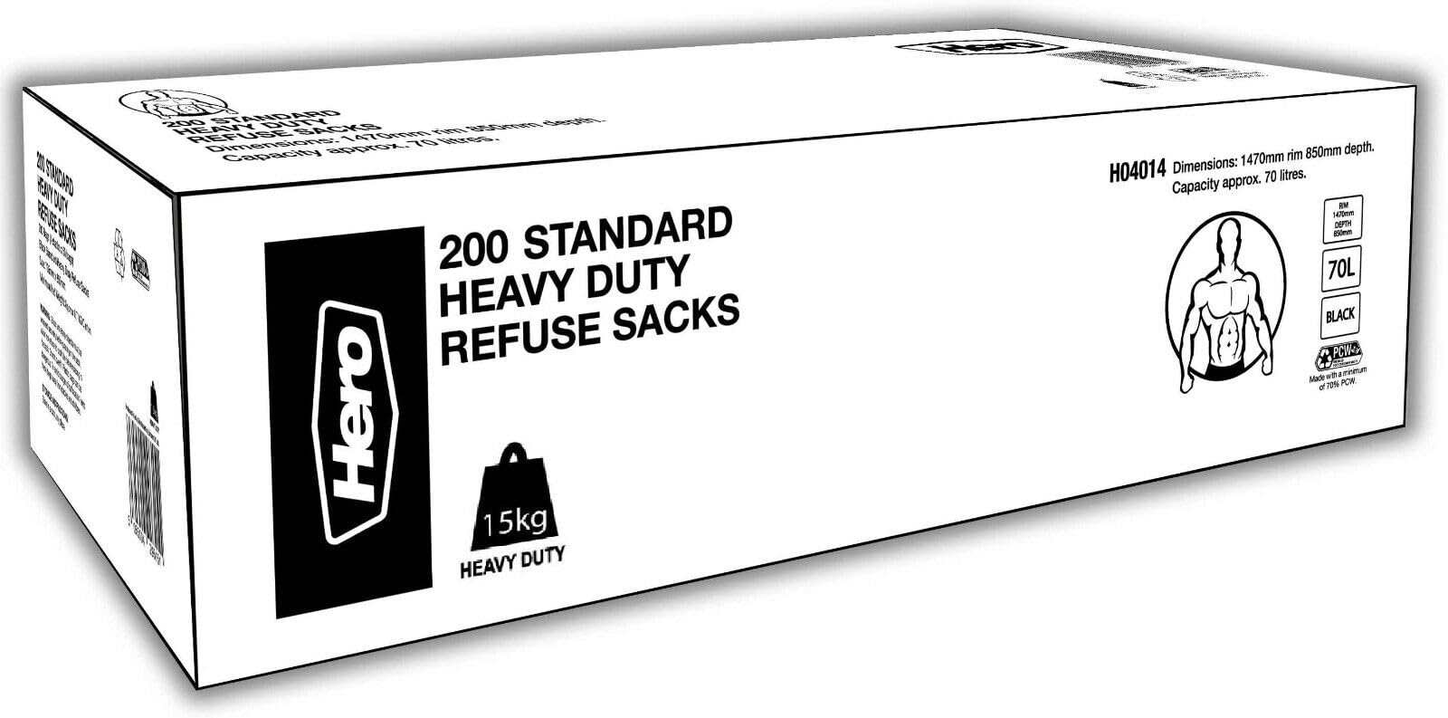 Hero Black 200 X Strong Bin Bags Liners 70L – Recycled Heavy Duty Refuse Sacks | Easy Dispense Box | Eco-Friendly Bin Liners For Household, Garden & Commercial Use