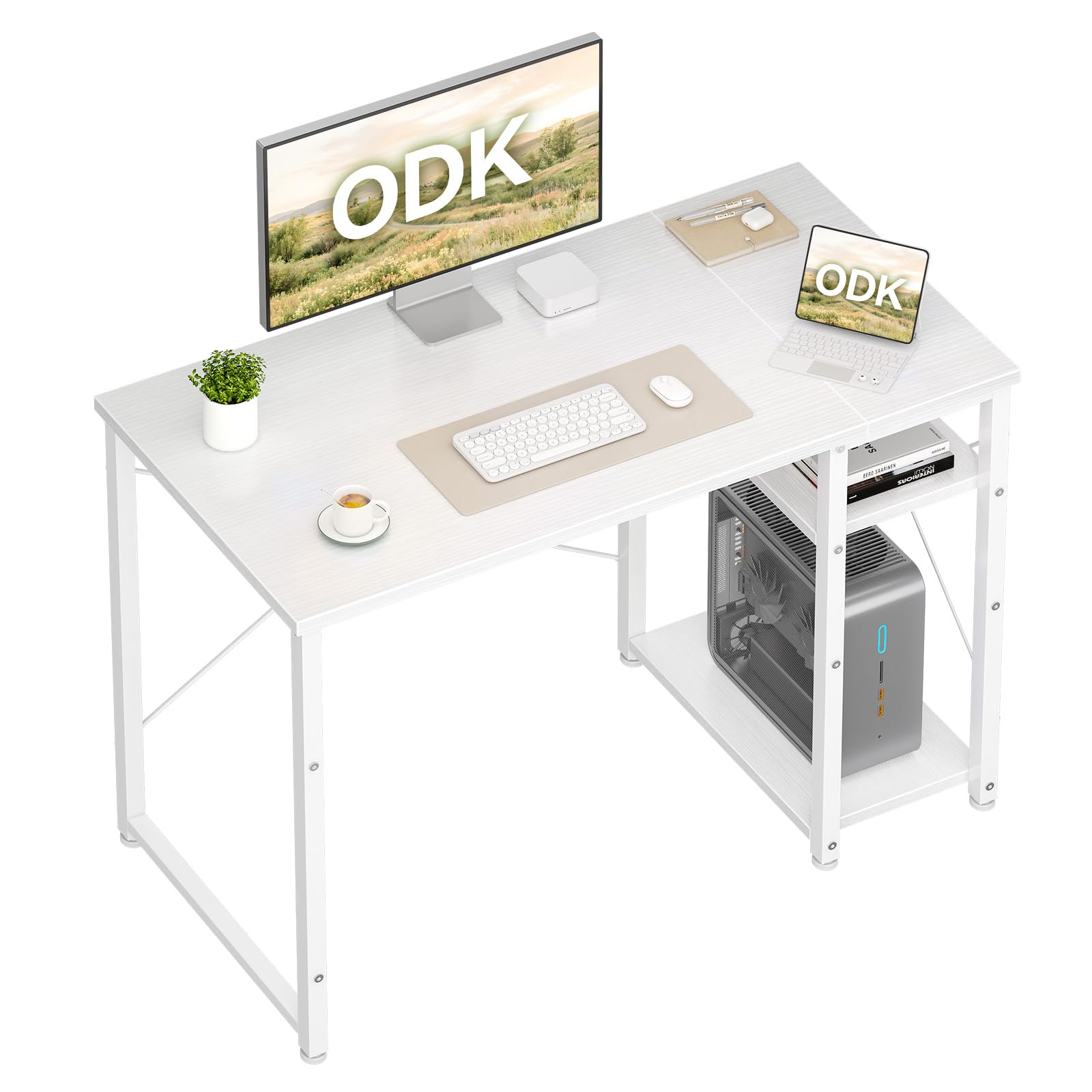 ODK Scrivania Ufficio, 100x48cm Tavolo con Ripiani Reversibili, Scrivania Ufficio con ripiani regolabili in altezza, Scrivania Computer Ideali per la casa e gli Spazi Ridotti, Bianco