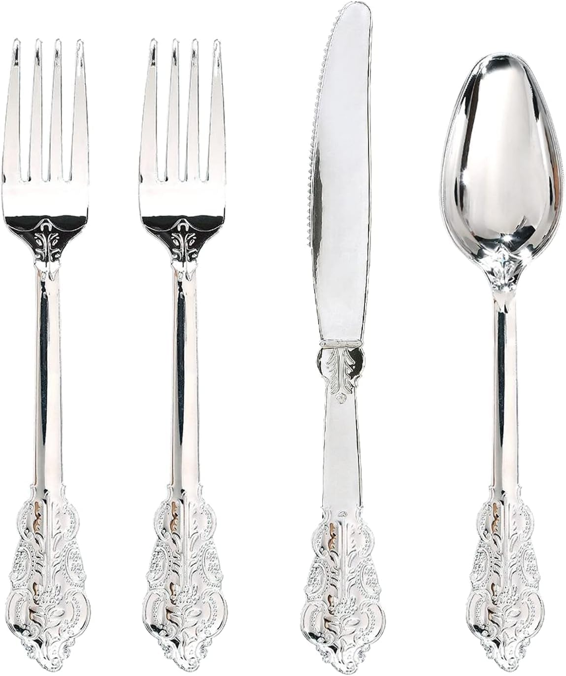 WDF 200 Pieces Silver Plastic Silverware Disposable - 50Guests Silverware Plastic Cutlery - Disposable Utensils Includes 100 Forks, 50 Spoons, 50 Knives Perfect for Christmas Wedding or Party