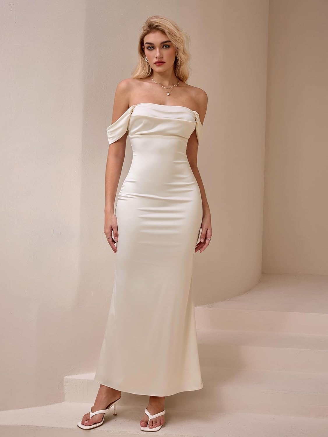 KUTUMAI Women Off Shoulder Satin Maxi Dress Elegant Ruched Bodycon Long Cocktail Formal Wedding Guest Dresses - Image 2