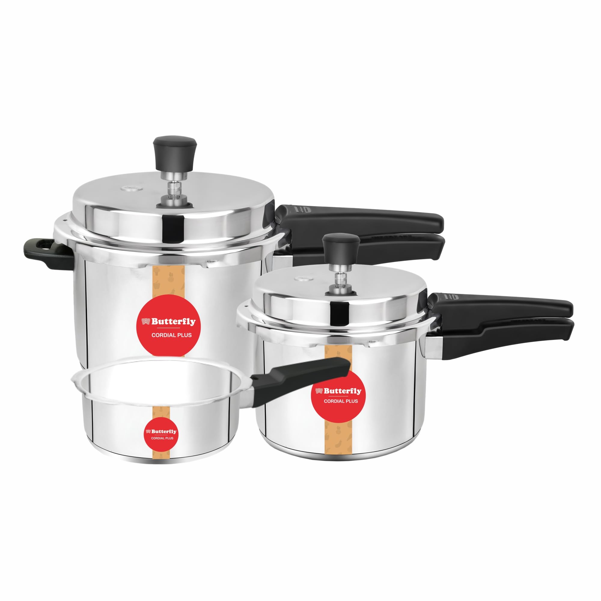 Butterfly Cordial Plus 2L, 3L & 5L SS Pressure Cooker Combo | Stainless Steel | Induction & Gas Stove Compatible| ISI Certified| Triple Safety System| Silver