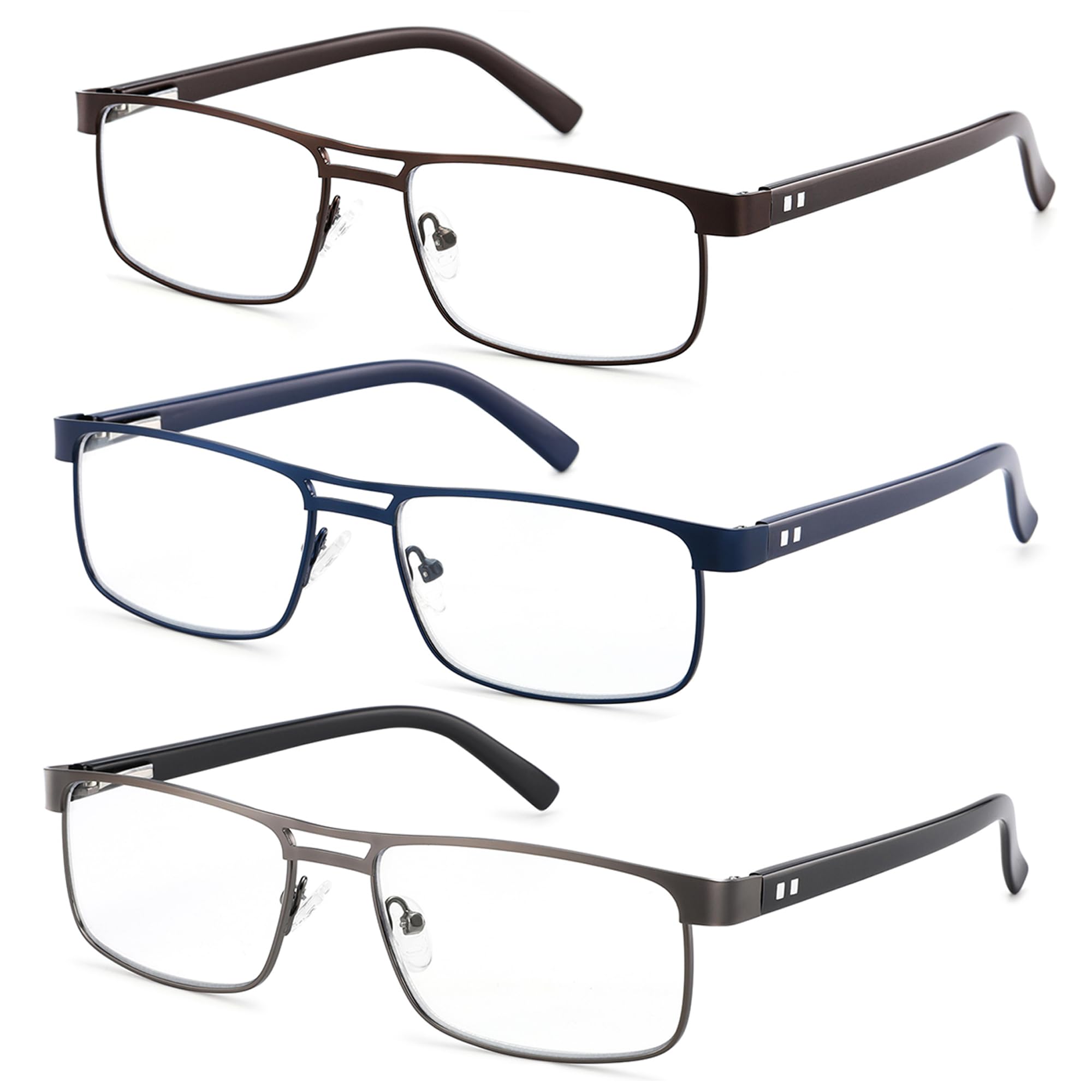 3 Pack Reading Glasses For Men, Blue Light Blocking Mens Readers Full Metal Frame Rectangle Eyeglasses with Spring Hinge +1.50