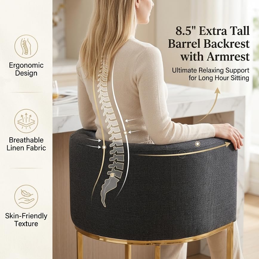 Image of HNY Charcoal Modern Barrel Counter Height Clearance Bar Stools Set of 2, 24 Inch Linen Kitchen Barstools with Back for Island, with Gold Metal Tubular Frame