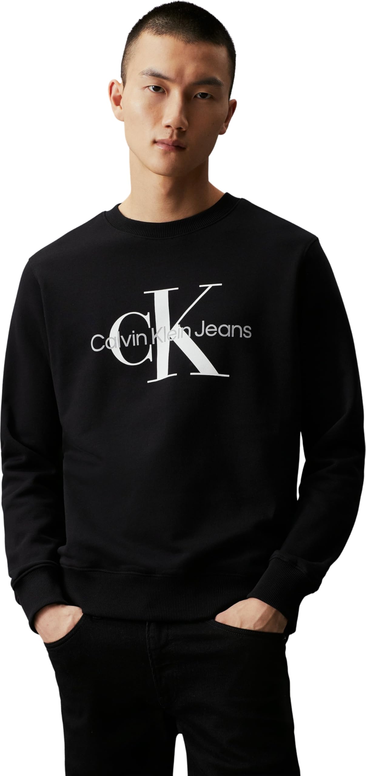 Jeans Erkek Core Monogram Bisiklet Yaka Kazak, CK Siyah, S