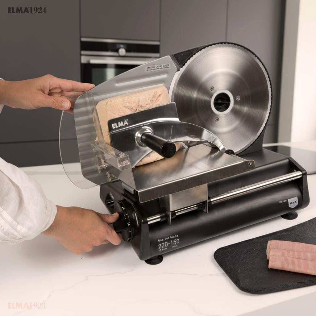 ELMA Affettatrice Elettrica CFD220 XL con Due Lame in Acciaio Inox Ø220 mm | Affettatrice Domestica Regolabile 0-15 mm, Potente, Sicura e Facile da Pulire