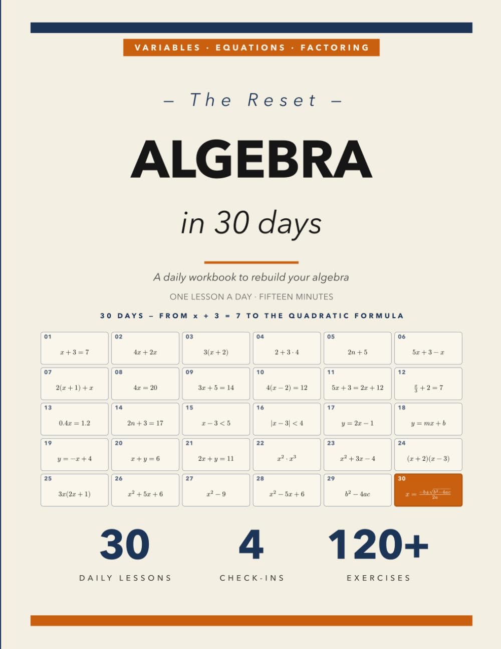 The 30-Day Algebra Reset: A Daily Workbook to Rebuild Your Algebra in 30 Fifteen-Minute Lessons