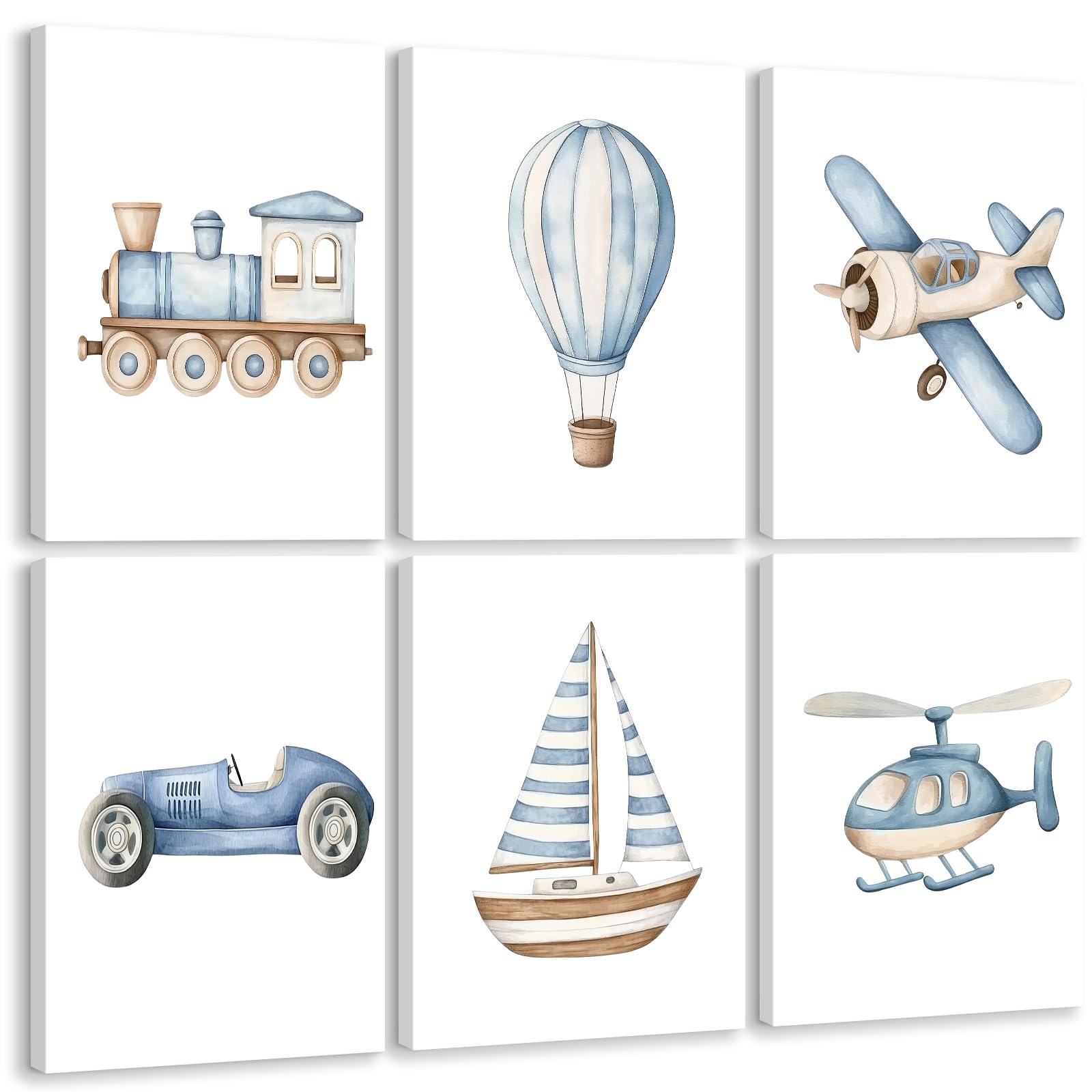 Baby Boy Nursery Wall Art Transportation Blue Car Canvas Prints Vintage Toddler Vehicle Pictures Decor Hot Air Balloon Airplane Nursery Poster for