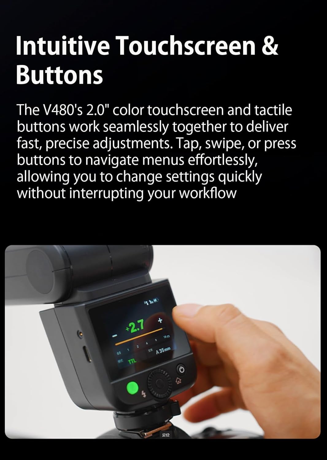 Godox V480 for Fuji GODOX TTL Flash – GN50/1.7s Recycle/650 Flash Time/HSS/Smart Distance Readout/10 Level LED Modeling lamp/2.0” Touchscreen/2.4G Wireless System/TTL Camera Flash for Fujifilm