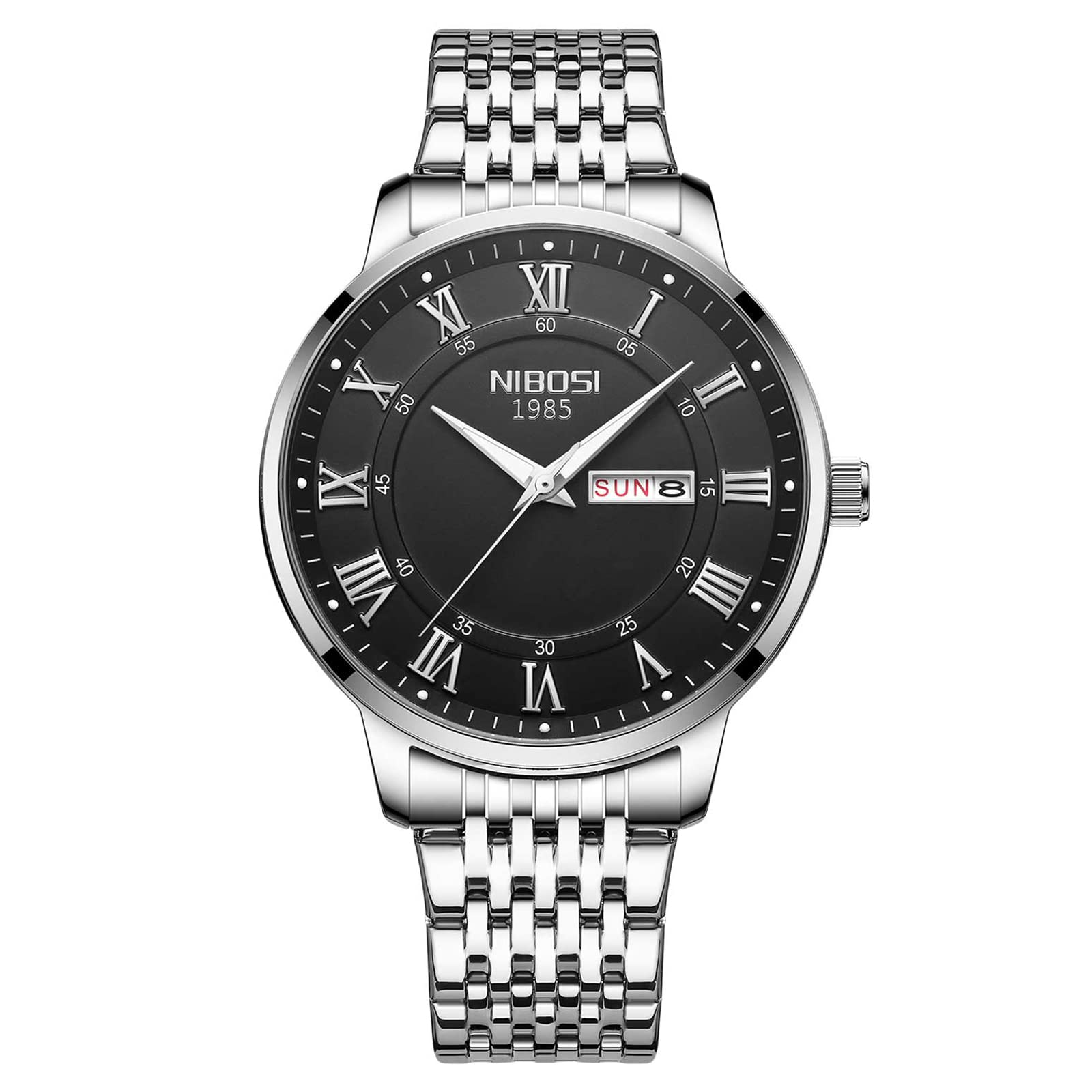 NIBOSI Men's Watches Quartz Retro Stainless Steel Wristwatch Business Minimalism Waterproof Dress Watch for Men Roman numerals Day Date Silver Black