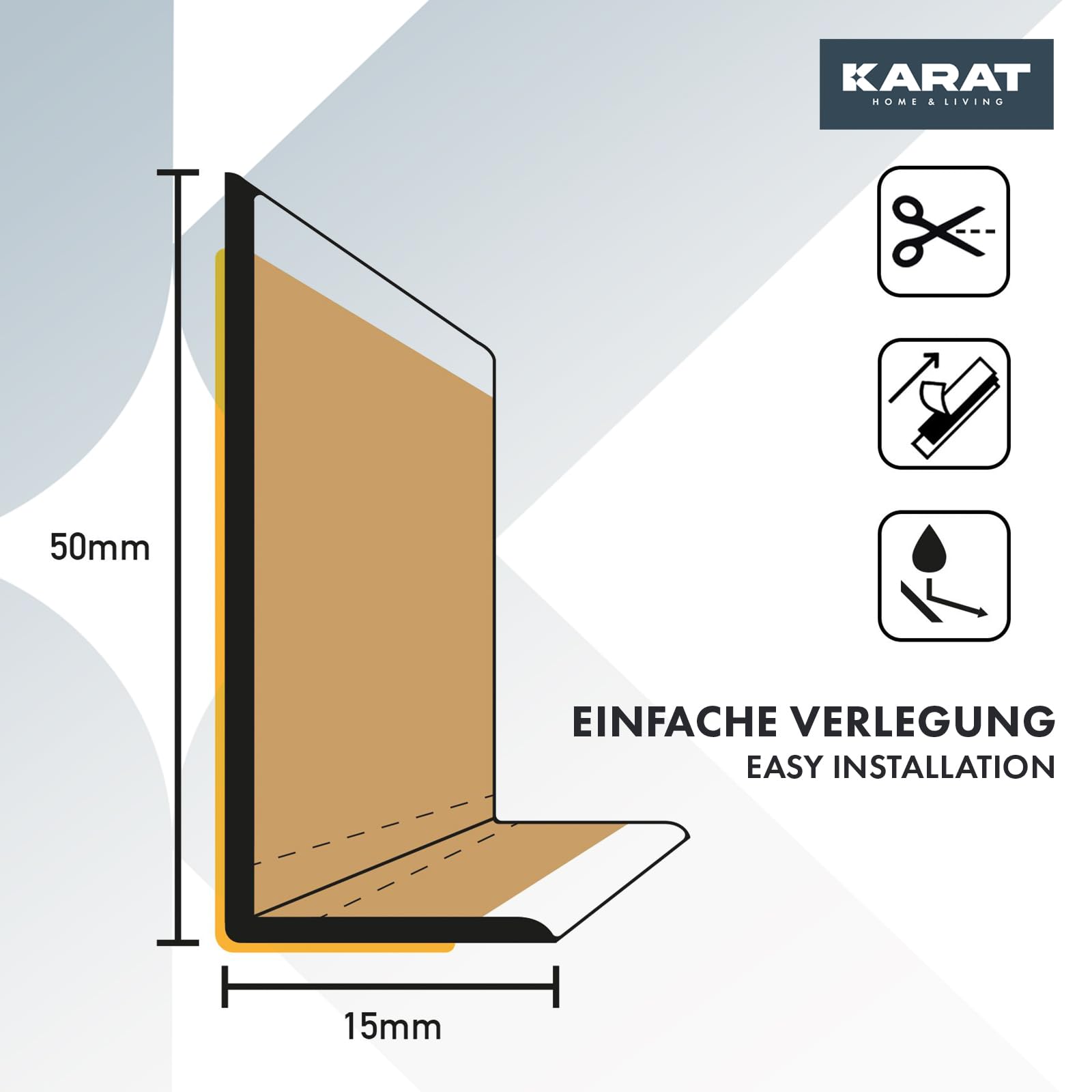 KARAT Sockelleiste Selbstklebende Rückseite - 50 x 15 mm - Küchenleiste, Knickleiste individuell zuschneidbar - Weichsockelleiste aus PVC, Oslo (Weiß, Länge: 25 Meter)