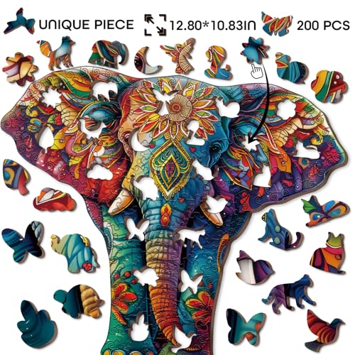 Rompecabezas de madera con forma de elefante colorido para adultos, 200 piezas, rompecabezas de animales fantásticos de madera, rompecabezas con formas únicas y divertidas de 200 piezas miniatura 2