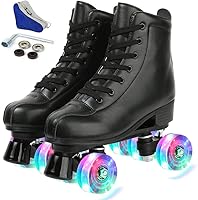 YYW High Top PU Leather Roller Skates for Women & Men - Classic Double-Row Wheels, Indoor/Outdoor Beginner Skates with Bag