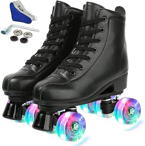 YYW High Top PU Leather Classic Double-Row Roller Skates for Women and Men – Indoor/Outdoor Beginner Skates with Shoe Bag