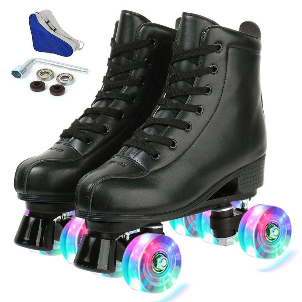 YYW Roller Skates for Women Men, High Top PU Leather Classic Double-Row Indoor Outdoor Roller Skates for Beginner a Shoes Bag (Black Flash Wheel, 41)
