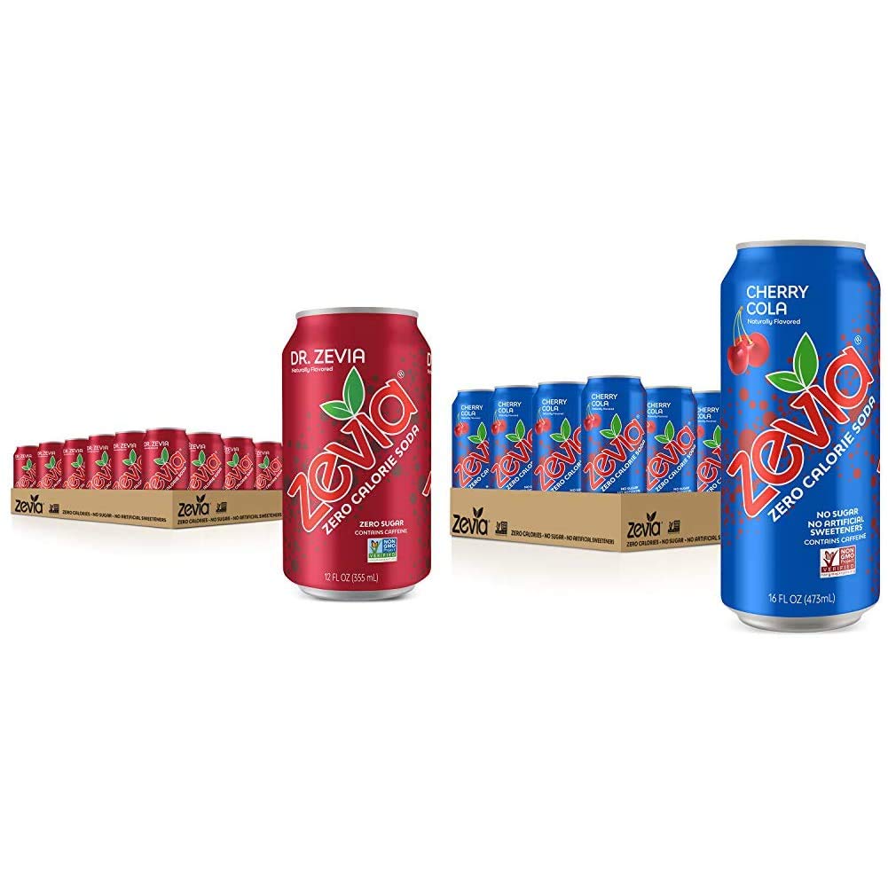 Zevia Zero Calorie Sodas Variety Pack, Dr Zevia (24 Cans) and Cherry Cola (Pack of 12 Cans)