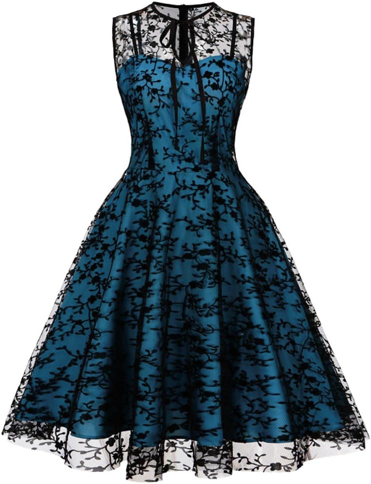 Wellwits Women's Keyhole Tie Floral Mesh Halloween Gothic Vintage Dress