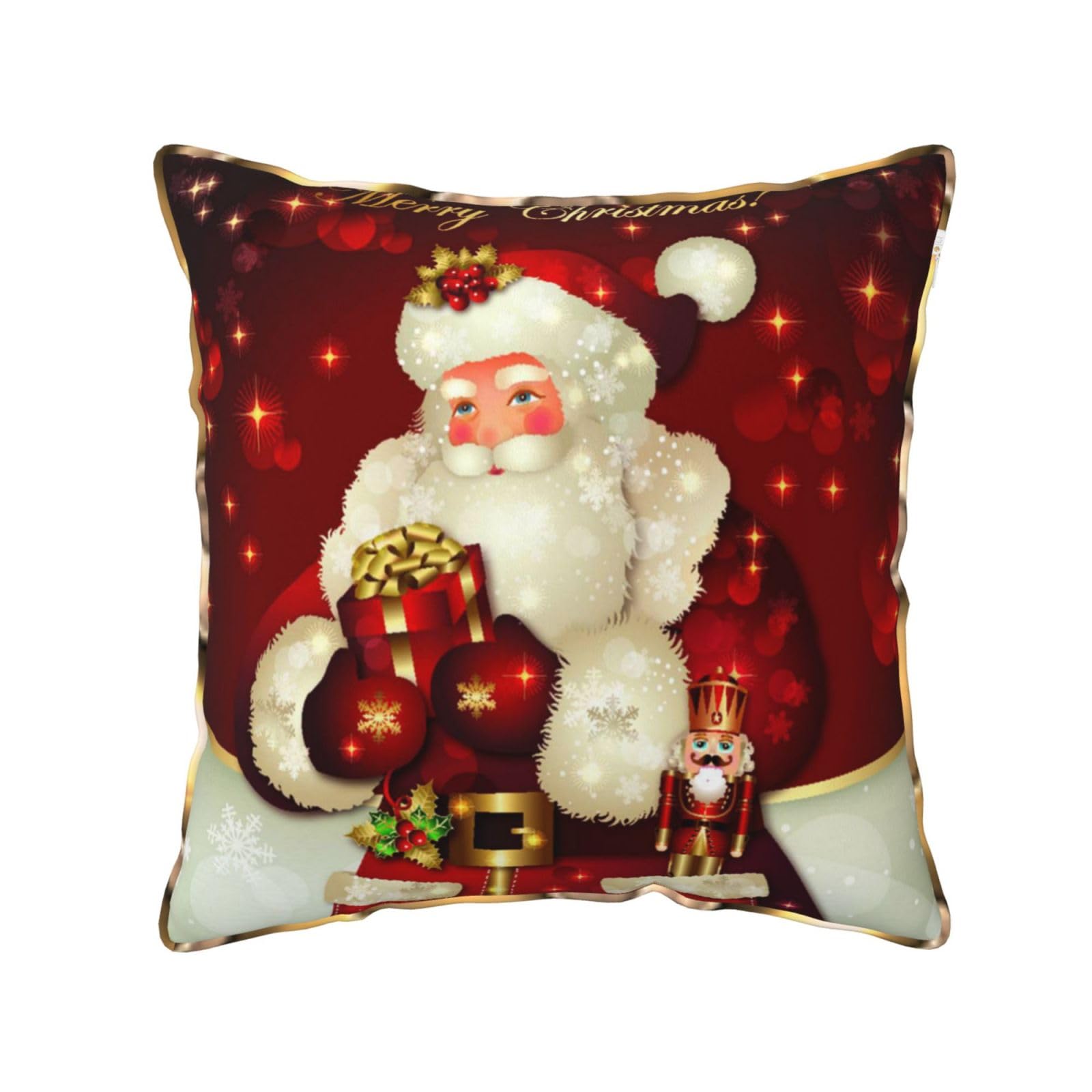AUBKFELD Merry Christmas Santa Claus Printed Velvet Cushion Cover 45x45 CM with Gold Edging Strip, Square Pillowcase Soft Throw Pillow Covers Case Decorative for Living Room Sofa Couch Bed Bench