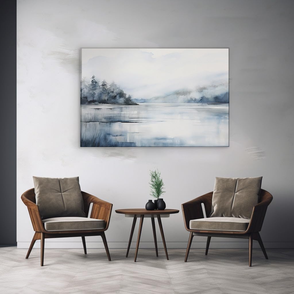 Canvas for Living room. Whispering Winter Serenity: A Lakeside Haven in Grayscale, 27 x 18 inch Canvas Wall Art - Surrealistic Visions - Modern Home Decor