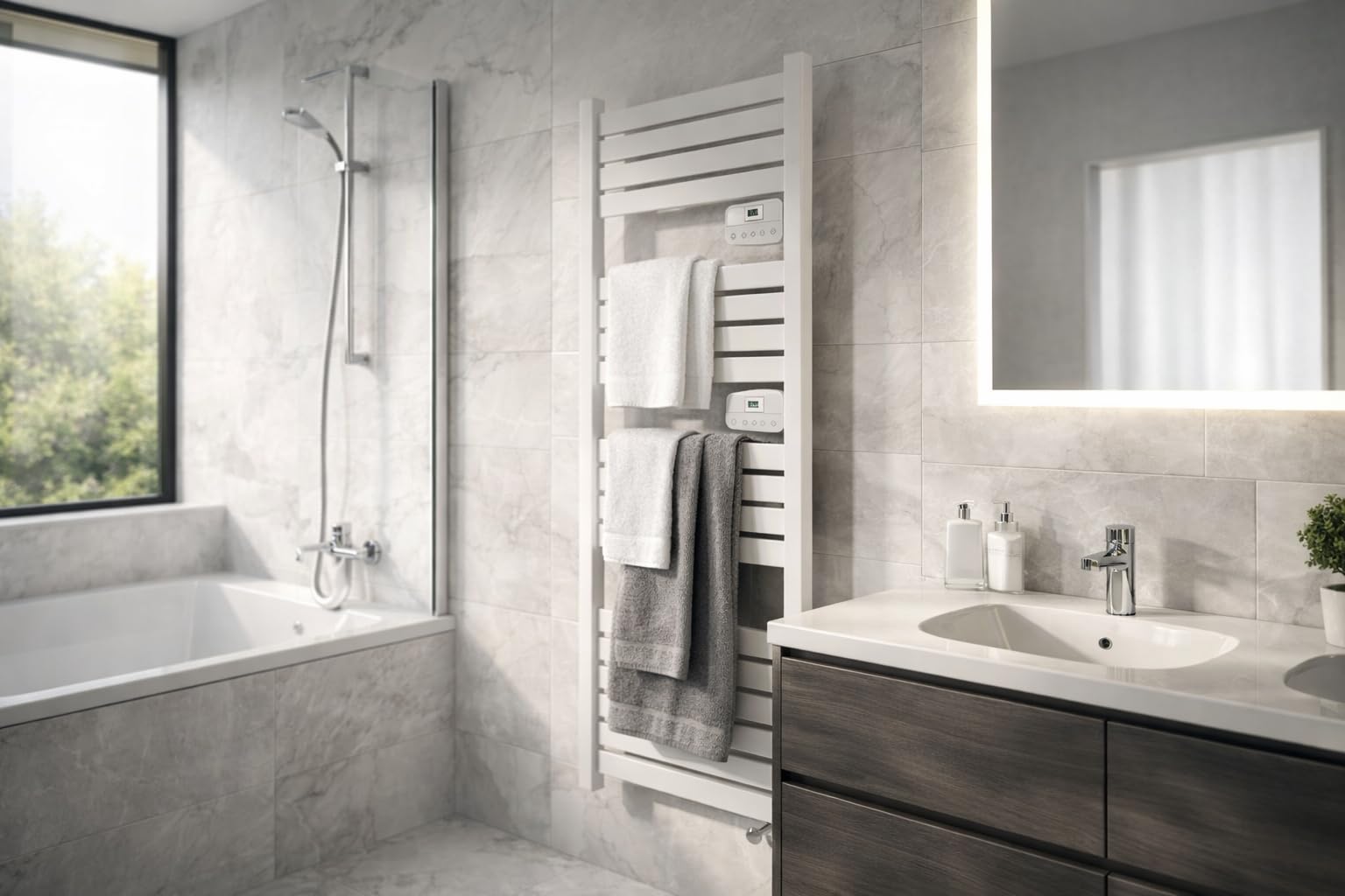 DREXON – Sèche-Serviette Électrique FAENA – Inertie Sèche sans Fluide – Thermostat Électronique Programmable – Fixation Murale Incluse – Design Plat – Garantie 5 Ans (Blanc, 127cm - 750W)