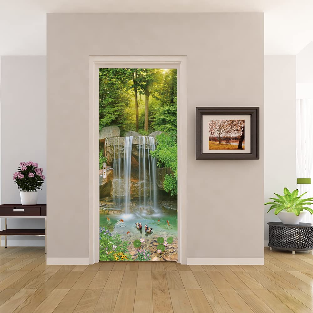 Poster trompe l'oeil porte mural interieure paysage cascade verte effet 3D realiste