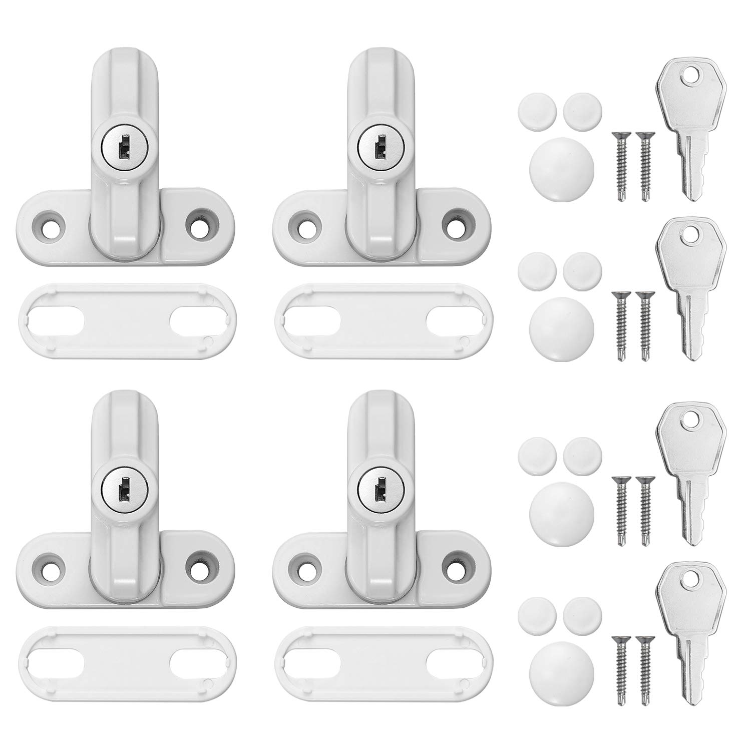 Kamtop 4PZ Chiusura di Sicurezza con Chiave Sash Blocker per Finestra e Porta Serrature di Sicurezza in UPVC PVC per Finestra Serratura per Finestra a Forma di T in Lega di Zinco per Bambini-Bianco