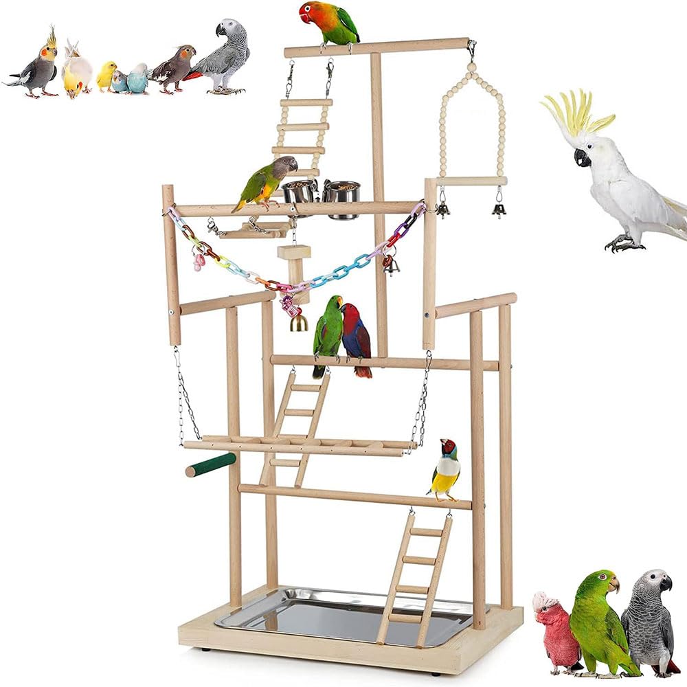 SKADE 4 Layers Pet Parrot Playstand Parrots Bird Playground Bird Play Stand Wood Perch Gym Playpen Ladder with Feeder Cups Bells for Cockatiel Parakeet
