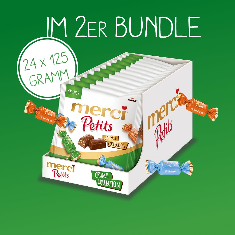 merci Petits Crunch Collection – 2 x 12 x 125g (24 x 125g) – Pralinen-Mix aus nicht gefüllten und gefüllten Schokoladen-Spezialitäten – Schokopralinen einzeln verpackt