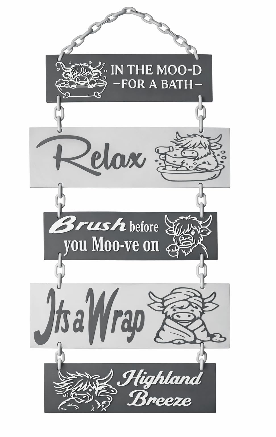 Highland Cow Bathroom Wall Plaque – “In the Moo-d” Hanging Sign Set | Cute Rustic Farmhouse Bathroom Décor (Grey)