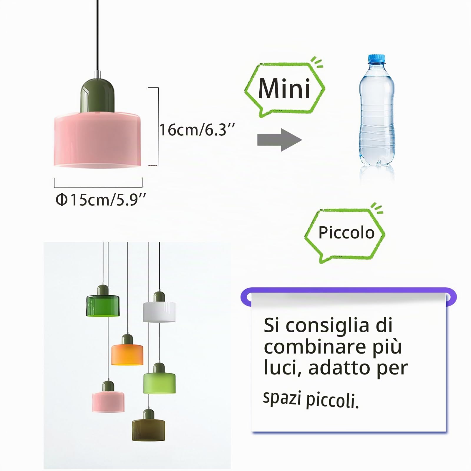 15CM Lampadario in Vetro Stile Scandinavo, Lampada a Sospensione E27, Altezza Regolabile, Metallo & Vetro, Illuminazione Moderna per Cucina, Soggiorno, Sala da Pranzo, Bar (Rosa)