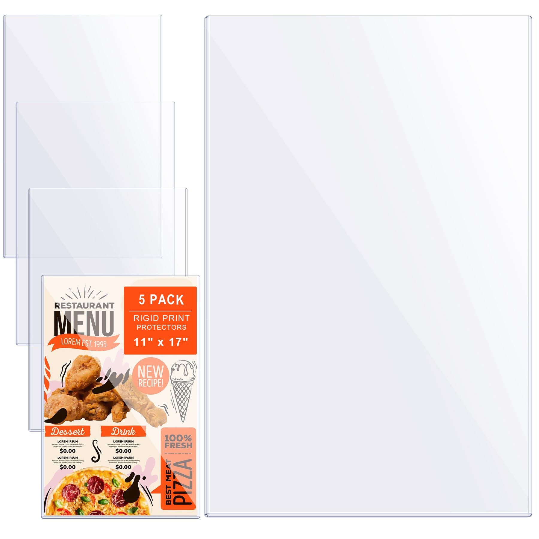 AKONEGE 5Pcs 11" x 17" Rigid Print Protectors Hard Plastic Sleeves for Prints, Menu Cover, Heavy Duty Sheet Poster Protectors Clear Plastic Sleeves
