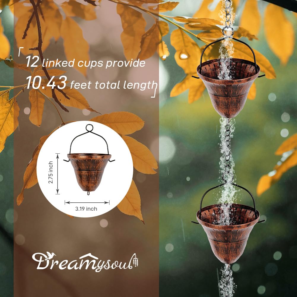 dreamysoul Chaînes de Pluie en cuivre pour l'extérieur, 3 m avec 12 Tasses pour gouttières, Drainage d'avant-Toit
