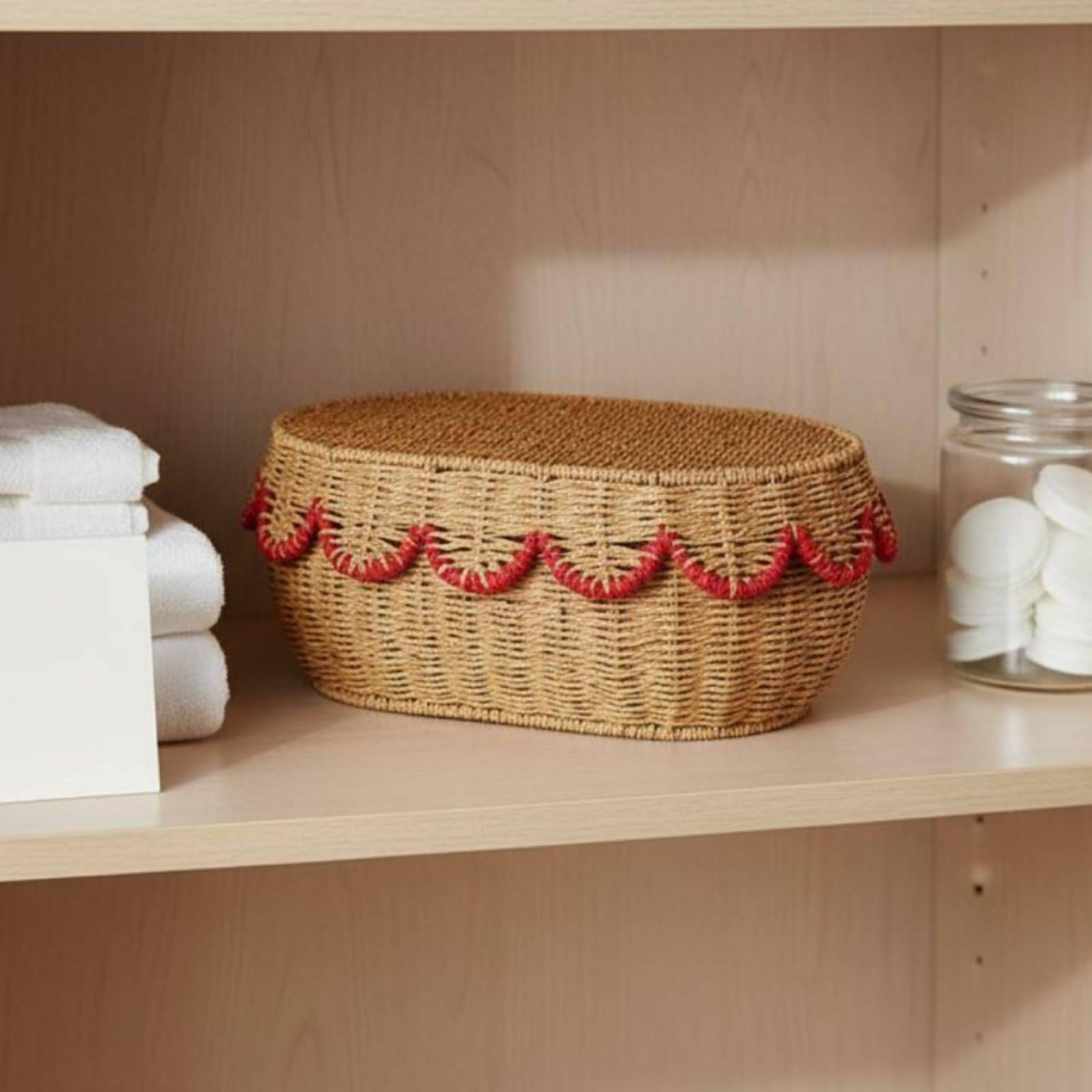 Cestino con Coperchio Cestino Portatutto Scatola Contenitore Cesto Intrecciato Organizer in Corda di Carta con Supporto in Acciaio Adatto per Riporre, Rosso, L 42x31x16cm