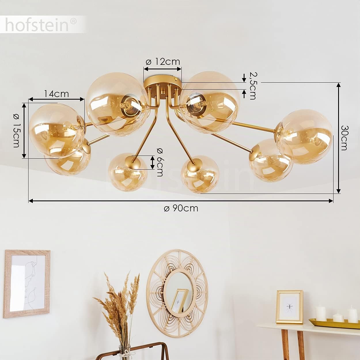 Lampada da soffitto Alden, lampada da soffitto a 8 luci in metallo/vetro in ottone/champagne, lampada moderna con paralumi in vetro (Ø 15 cm) dal design vintage, 8 x G9, senza lampadina/e