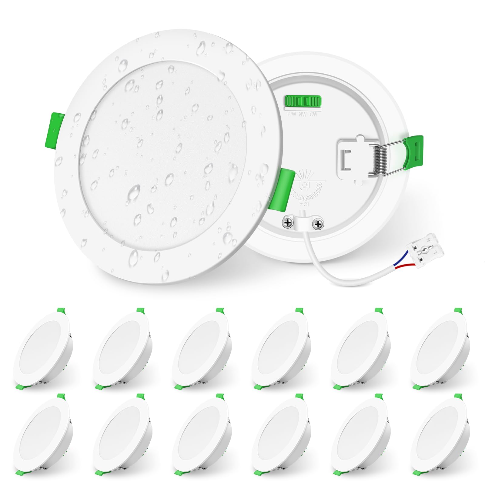 ALUSSO LIGHTING LED Downlights Dimmable Recessed Ceiling Lights 6W 600lm High Brightness, 3000K Warm 4000K Neutral 6500K Cool White Bathroom Spot Lights Ceiling Ultra Slim Spotlights IP65, 12 Pack [Energy Class E]
