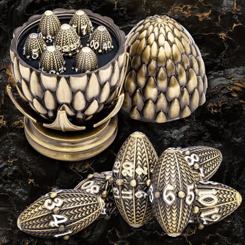 ARUOHHA DND Metal Dice Bronze Dragon Egg Dice with Rotating Dragon Egg Shell, Role Playing Game RPG Polyhedral D and D Dice Set D20 D12 D10 D8 D6 D4