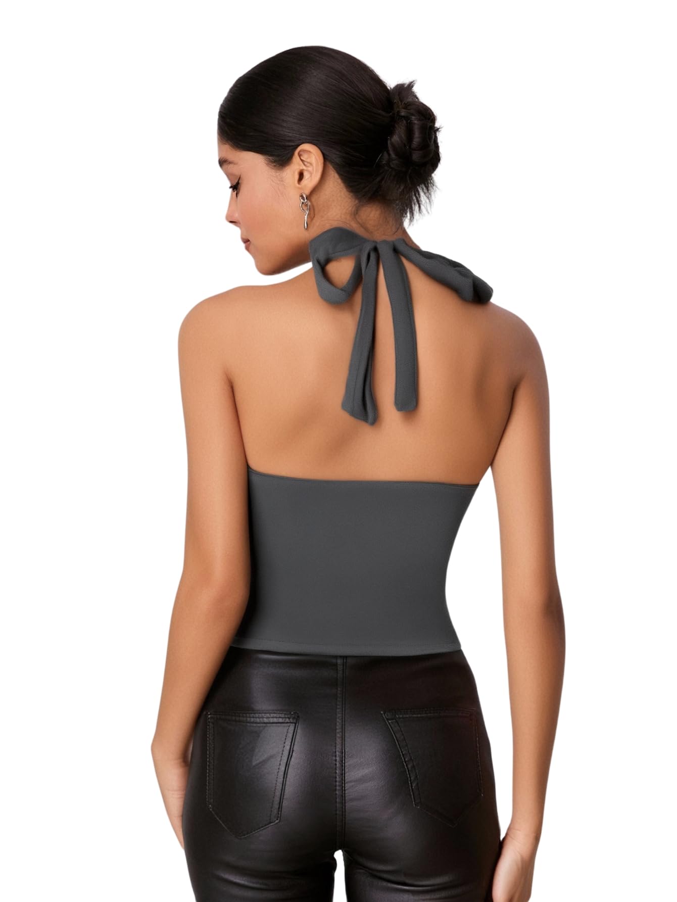 WDIRARA Women's Leopard Print Ruched Halter Crop Tops V Neck Tie Back Sleeveless Slim Fit Cami Tops