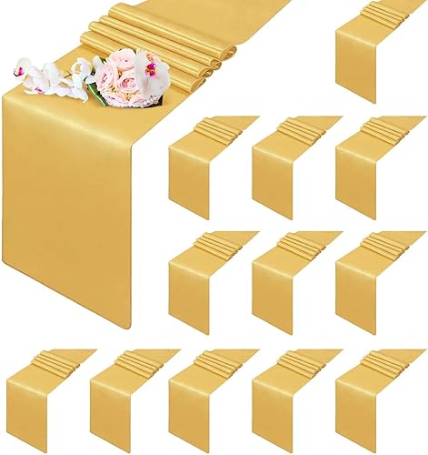 Paquete de 12 caminos de mesa, desechables de satén de 12 x 108 pulgadas, seda brillante lavable y tela lisa, funda larga de alta calidad para