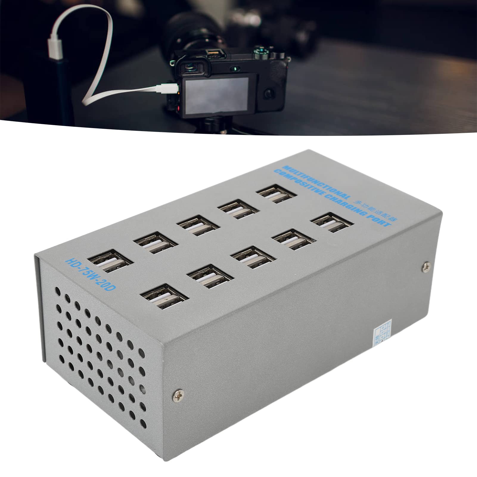 Hub USB alimentato, splitter hub intelligente a 20 porte USB con scocca in acciaio inox, adattatore di alimentazione a ricarica rapida con protezione da sovraccarico per telefoni,