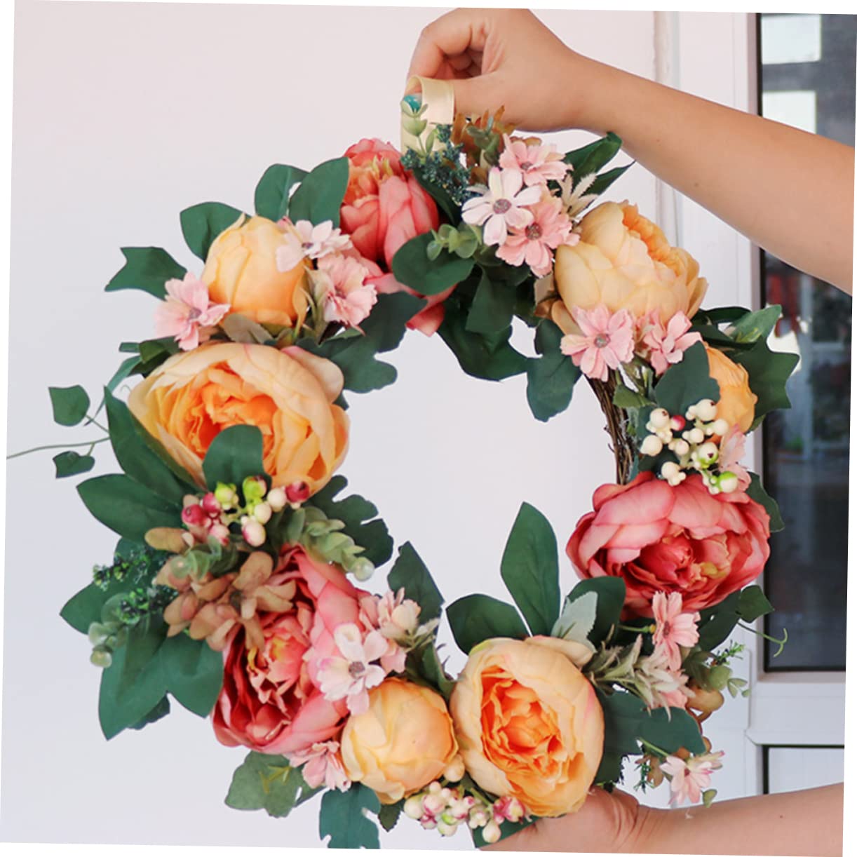 Hochzeitskranz mit Pfingstrosenblüten, Hängender Deko Kranz für Zuhause | Kunststoff und Seidenblume, Türkranz für Frühling, Festliche Wanddekoration, Girlanden Ornament