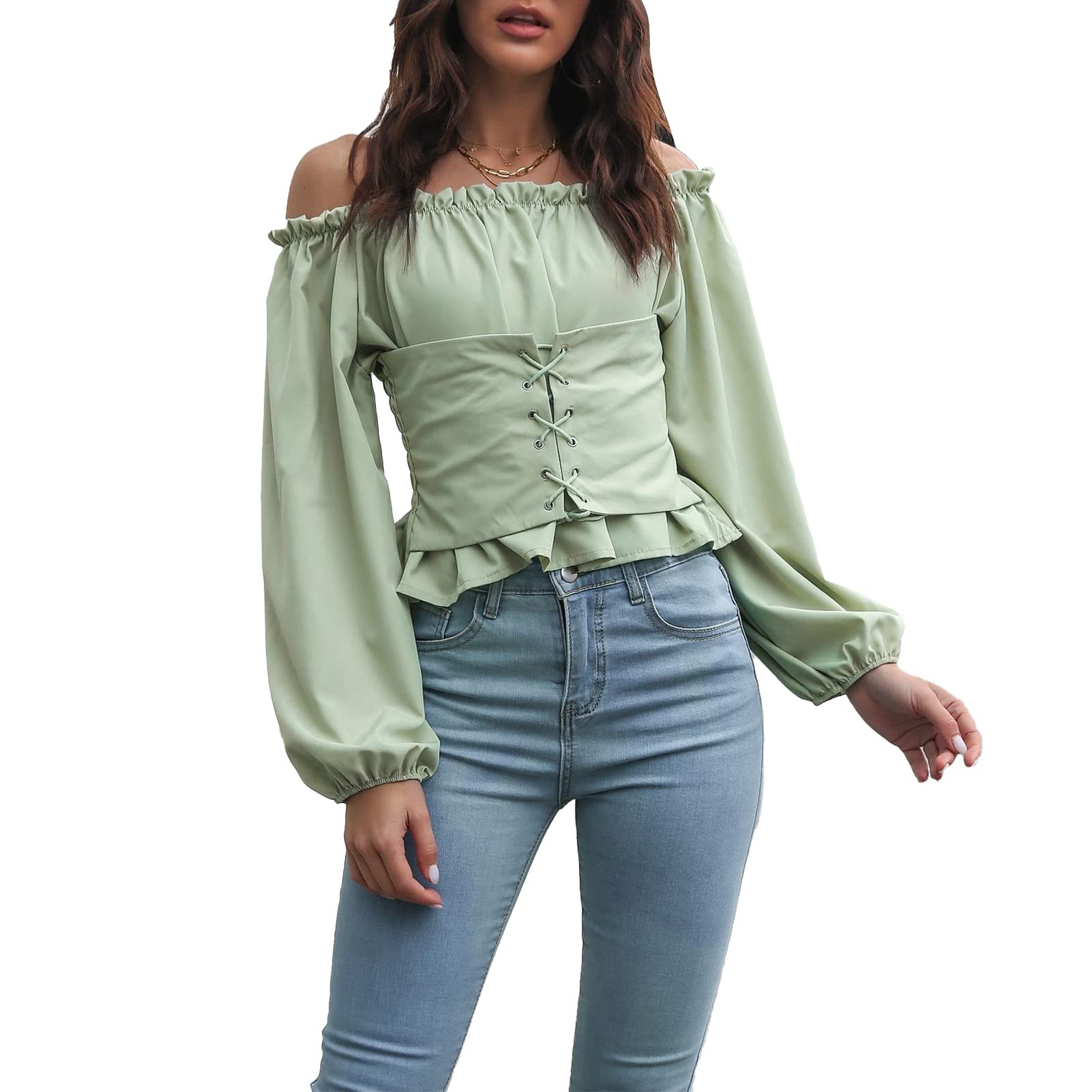 Cocoarm Blusa Renacentista para Mujer Steampunk Camisa Victoriana Manga Larga con Hombros Descubiertos Blusa Lisa Camisa Casual Túnica Elegante Blusa de Ocio Camisa Blusa Streetwear con Mangas Abullonadas