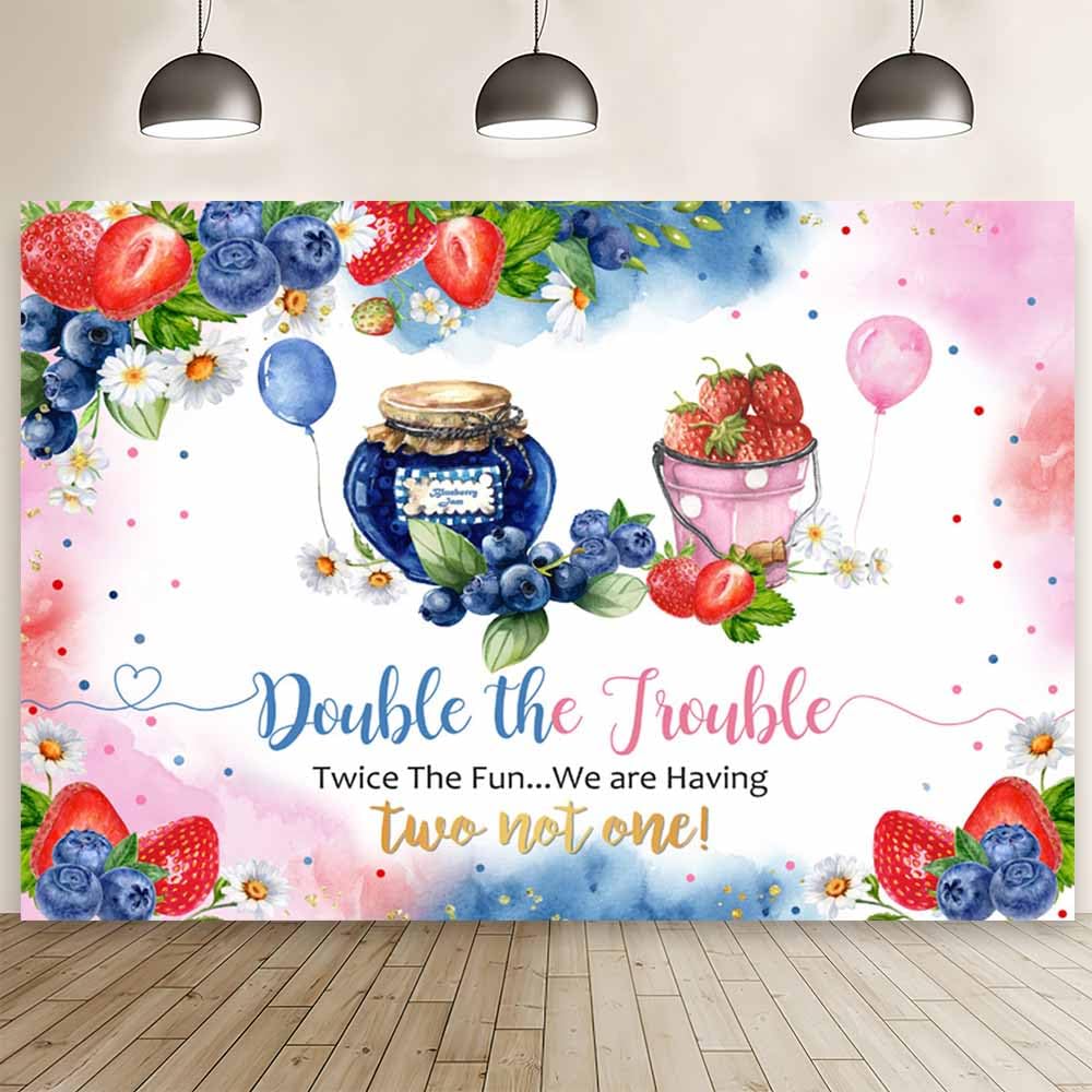 MEHOFOND 7x5ft Berry Twins Baby Shower Backdrop Double The Trouble Twice The Fun We are Having Two Not One Photography Background Watercolor It's