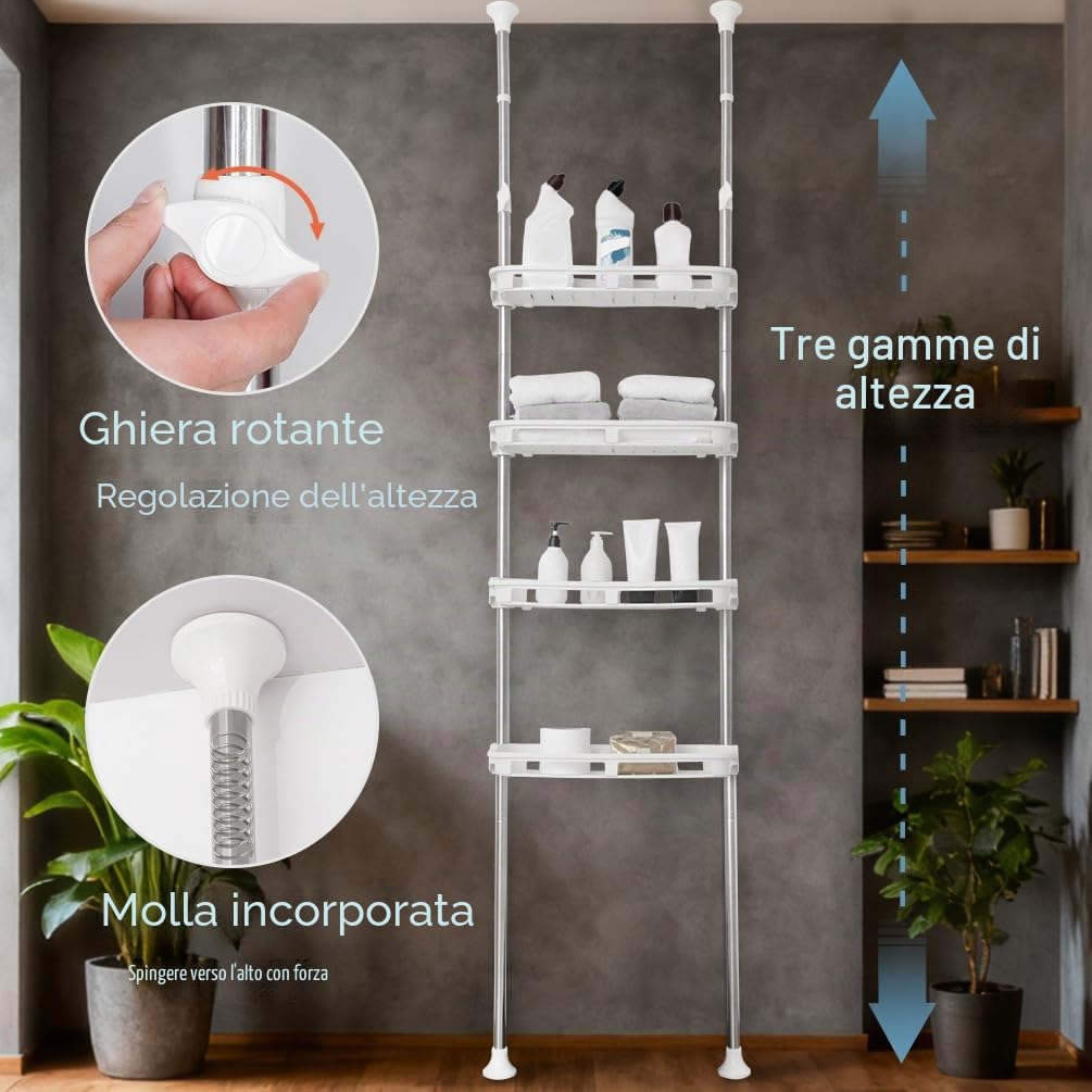 BAOYOUNI Scaffale Telescopico con 4 Cestelli, Mensola Portaoggetti sopra Toilette, Scaffalatura Salvaspazio per Bagno, Lavanderia, Camera da Letto, Ufficio o Cucina, Regolabili in Altezza, Avorio