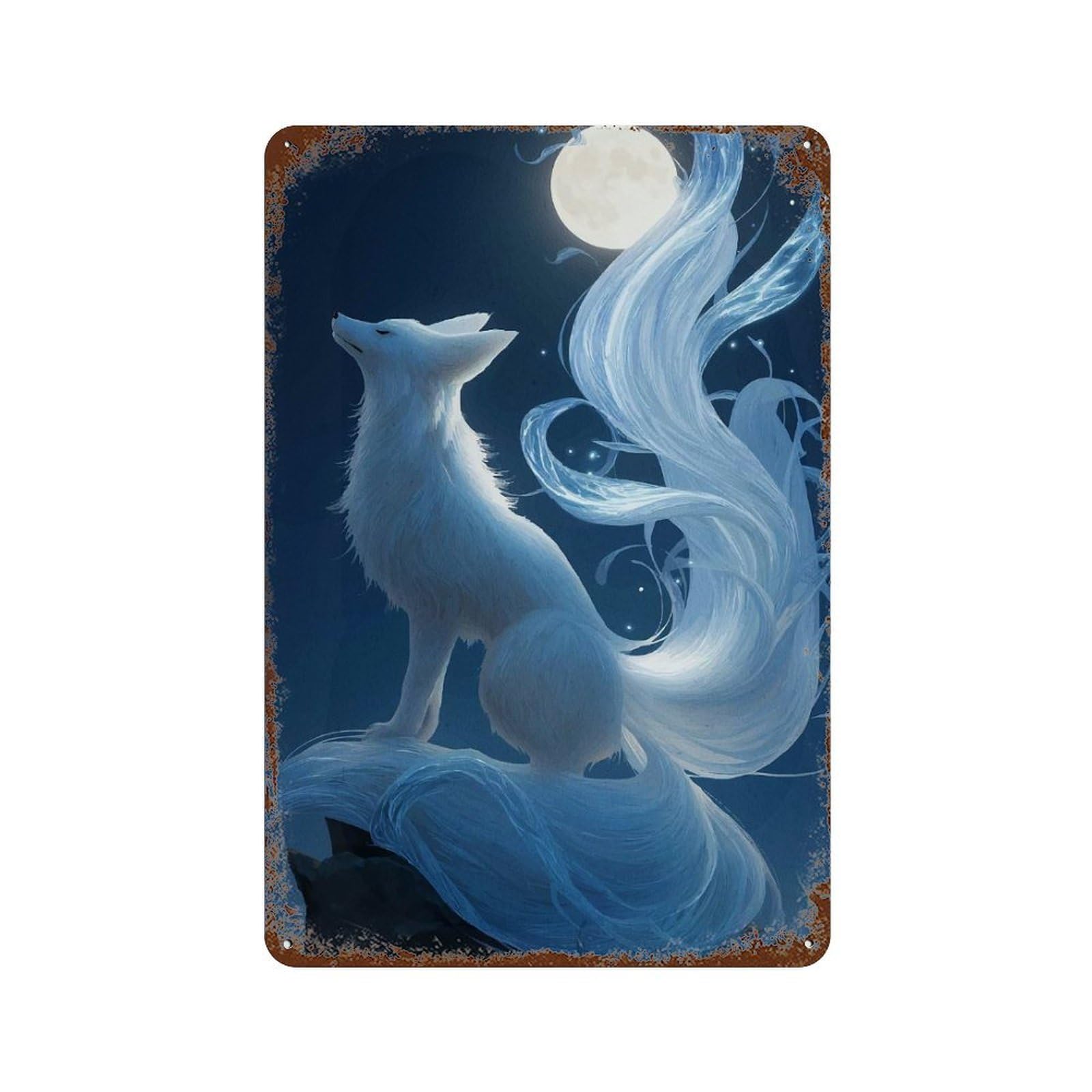 Art Fox Under Moonlight 11.8"x7.9" Decorative Tin Sign, Retro Wall Decor for Bistro, Counter And Cafe Decor